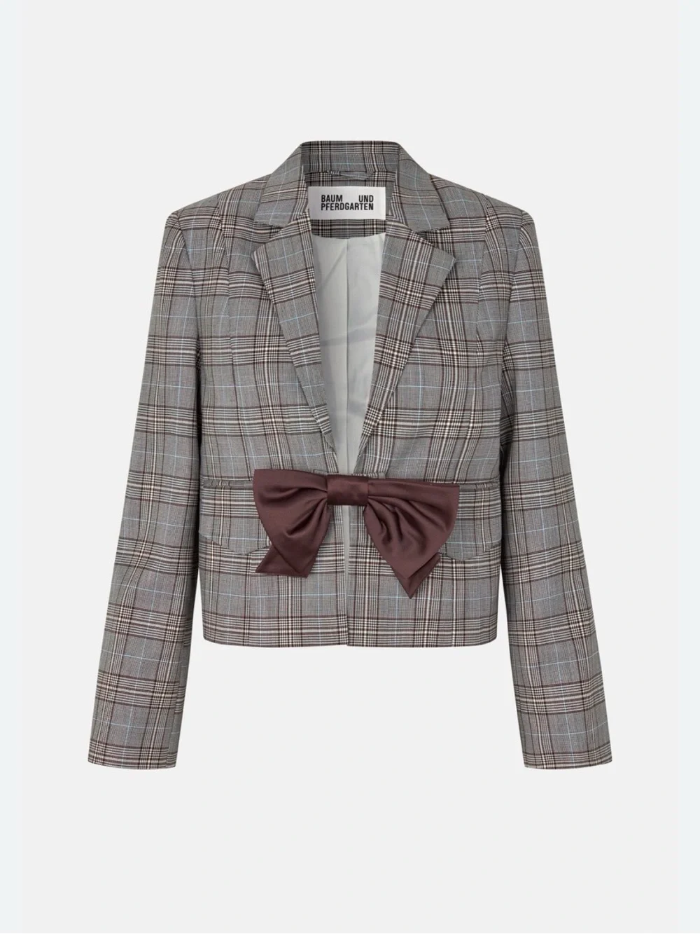 Baum und pferdgarten Cropped Gray Plaid Blazer with Brown Satin Bow Accent